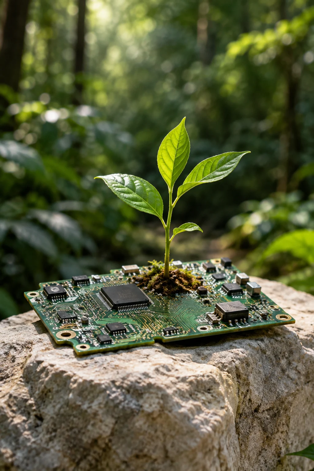 Imagem conceitual de uma muda verde sobre uma placa eletrônica, simbolizando um novo ciclo